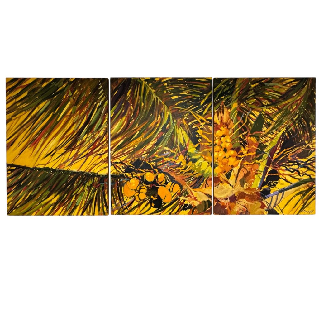 3 Panel Hawaiian Coconut Palm Tree Triptych Oil on Canvas by Listed Hawaiian Impressionists Artist Darrell Hill (1941-2013) each panel 37Lx47H (9.25')