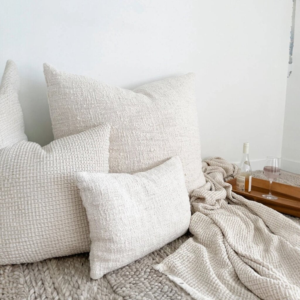 Cozy Cotton White Boucle Lumbar Down Pillow 14x20 PAIR