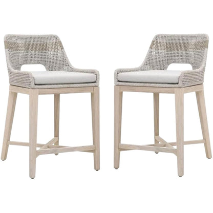Pair of Theodore Coastal Beach Taupe Woven Cushion Solid Grey Teak Indoor / Outdoor Counter Stools 21Lx21Wx35H