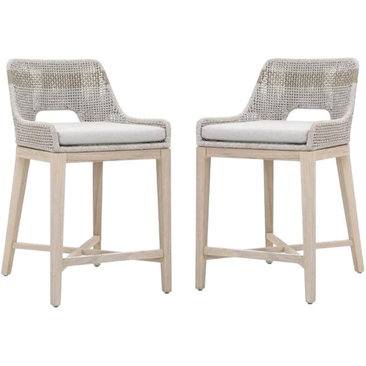 Pair of Theodore Coastal Beach Taupe Woven Cushion Solid Grey Teak Indoor / Outdoor Counter Stools 21Lx21Wx35H