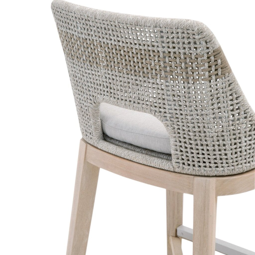 Pair of Theodore Coastal Beach Taupe Woven Cushion Solid Grey Teak Indoor / Outdoor Counter Stools 21Lx21Wx35H