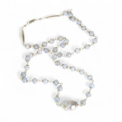 Blue Chalcedony, Baroque Freshwater Pearl & Sterling Silver Necklace