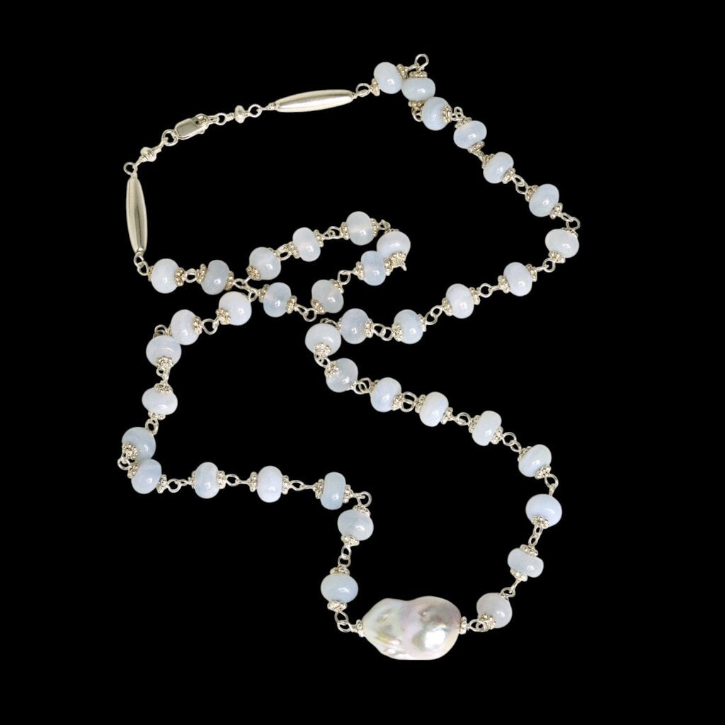 Blue Chalcedony, Baroque Freshwater Pearl & Sterling Silver Necklace