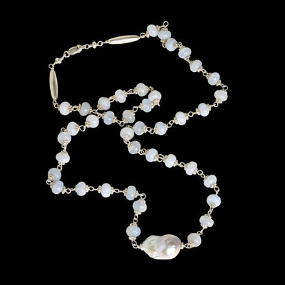 Blue Chalcedony, Baroque Freshwater Pearl & Sterling Silver Necklace
