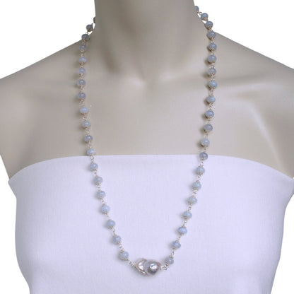 Blue Chalcedony, Baroque Freshwater Pearl & Sterling Silver Necklace