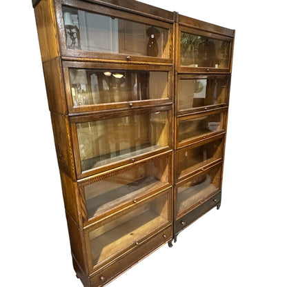 Pair of Udell Works Antique Tiger Oak Barrister (Lawyer's) Bookcases w/ Original Wavy Glass Doors Made in Indianapolis, USA 34Lx12Wx60H