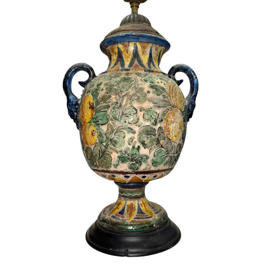 Antique Italian Majolica Pottery Lamp w/ Face Handles & Lemons w/ Leaves 12Wx26H (shade not included)