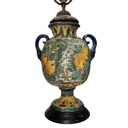 Antique Italian Majolica Pottery Lamp w/ Face Handles & Lemons w/ Leaves 12Wx26H (shade not included)
