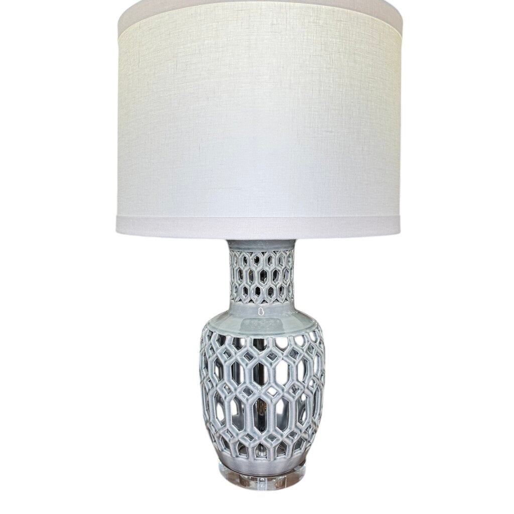 Pair of Regency Glazed Ceramic Urn Lamps w/ Crystal Base & Linen Shades 29"H