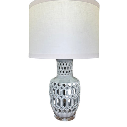 Pair of Regency Glazed Ceramic Urn Lamps w/ Crystal Base & Linen Shades 29"H