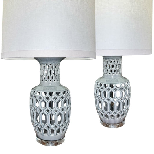 Pair of Regency Glazed Ceramic Urn Lamps w/ Crystal Base & Linen Shades 29"H