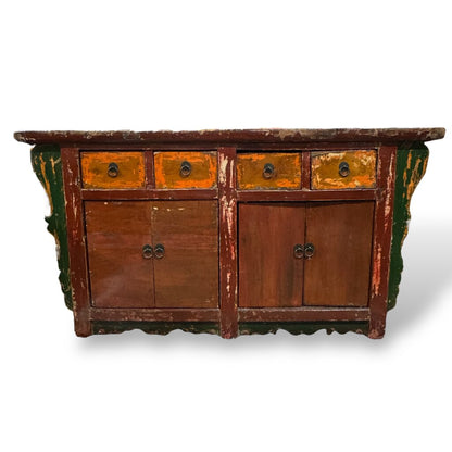 Reclaimed Antique Red Wood Chinoiserie Console w/ Brass Pulls 62Lx23Wx32H