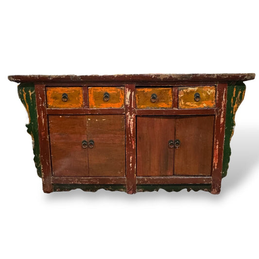 Reclaimed Antique Red Wood Chinoiserie Console w/ Brass Pulls 62Lx23Wx32H