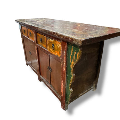 Reclaimed Antique Red Wood Chinoiserie Console w/ Brass Pulls 62Lx23Wx32H