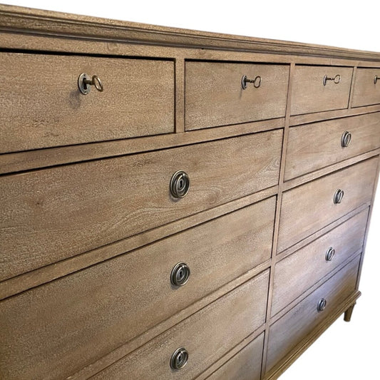 Maison Restoration Hardware Solid Hard Wood 12-Drawer Dresser in Antiqued Grey Oak 72Lx20Wx50H