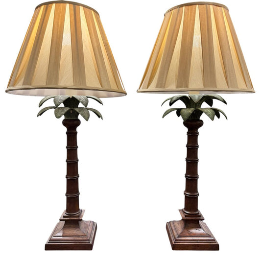 Pair of Vintage Maitland Smith Palm Tree Lamps w/ Pleated Designer Shades 36" tall