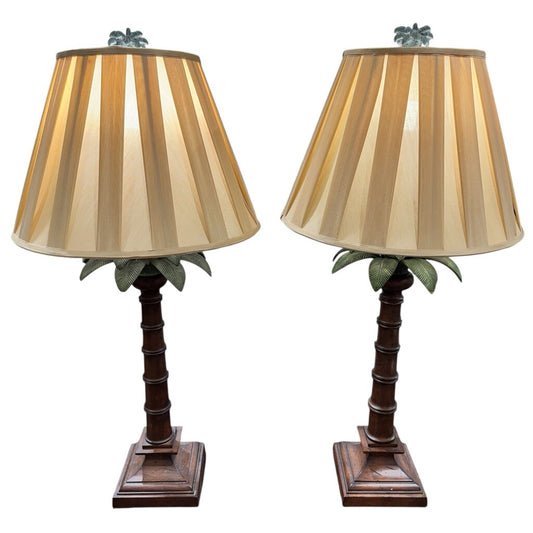 Pair of Vintage Maitland Smith Palm Tree Lamps w/ Pleated Designer Shades 36" tall
