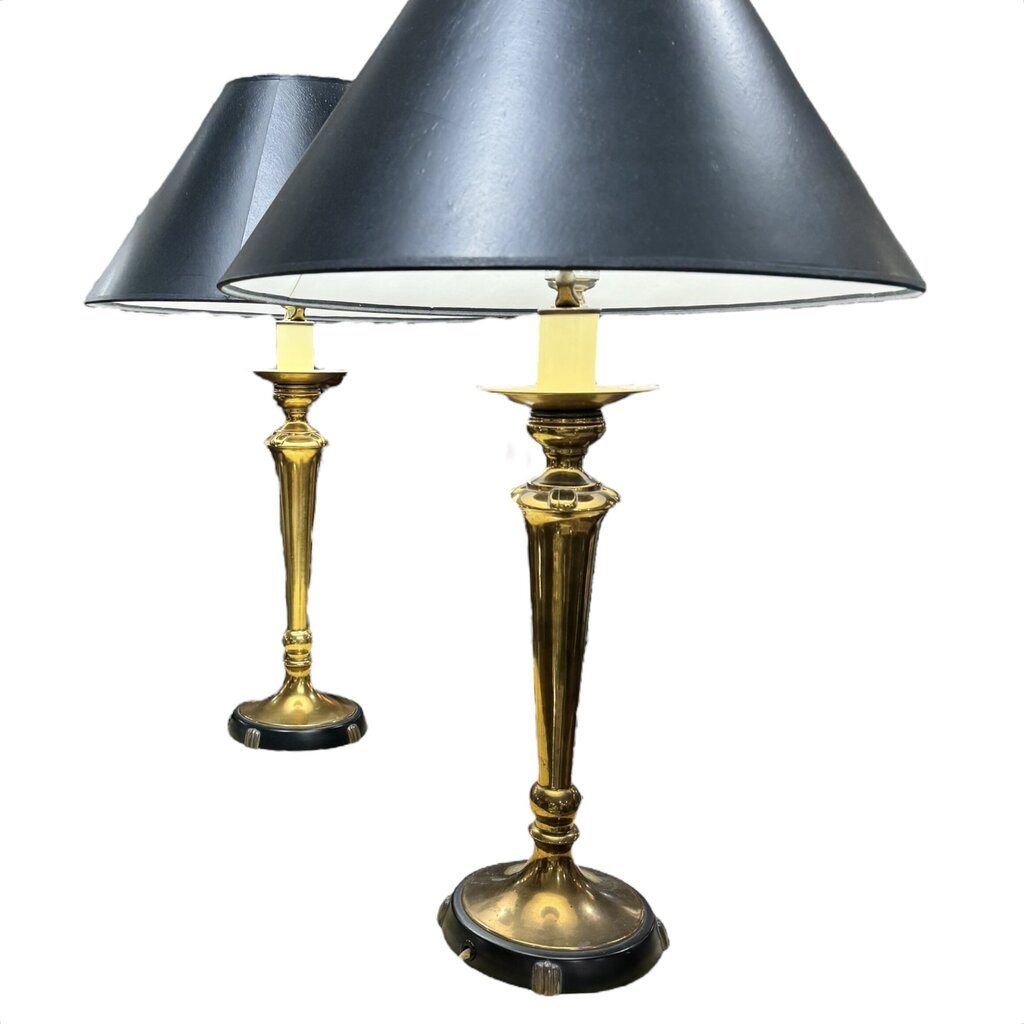 Pair of Vintage Brass Lamps w/ New Brunswick Black Shades 17Wx28H