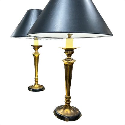 Pair of Vintage Brass Lamps w/ New Brunswick Black Shades 17Wx28H