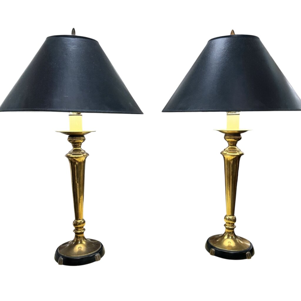 Pair of Vintage Brass Lamps w/ New Brunswick Black Shades 17Wx28H