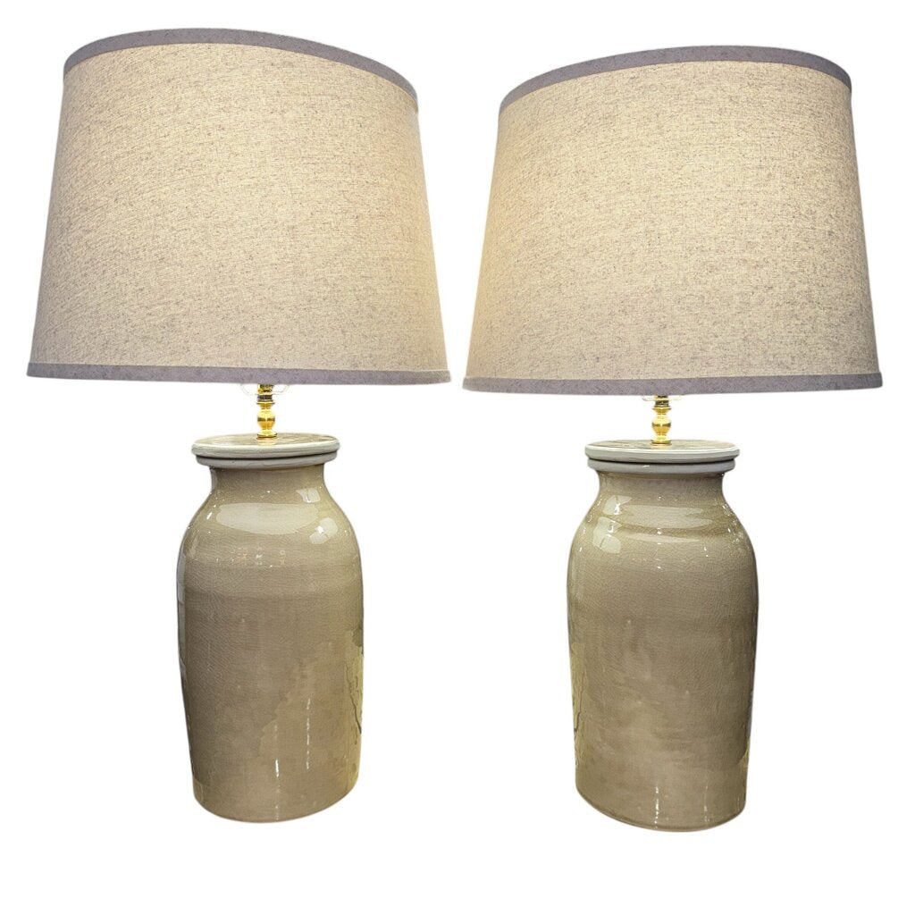 Pair of Glazed Terra-cotta Pottery Lidded Jar Lamps w/ Shades 30" tall