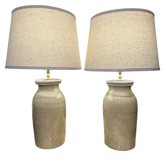 Pair of Glazed Terra-cotta Pottery Lidded Jar Lamps w/ Shades 30" tall