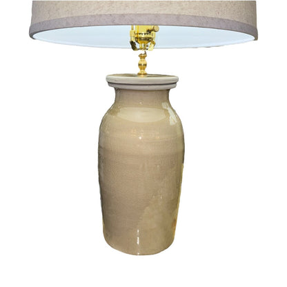 Pair of Glazed Terra-cotta Pottery Lidded Jar Lamps w/ Shades 30" tall