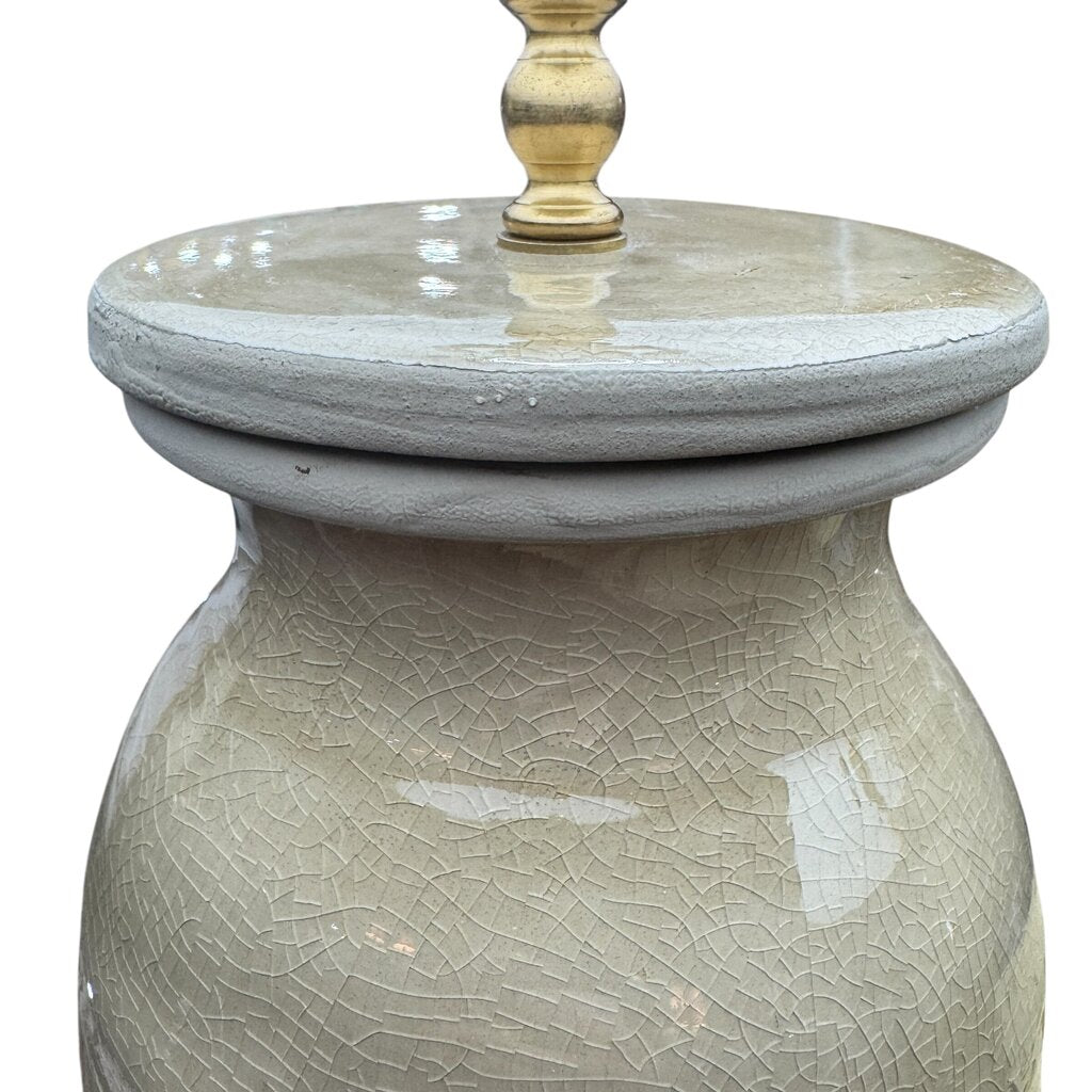 Pair of Glazed Terra-cotta Pottery Lidded Jar Lamps w/ Shades 30" tall