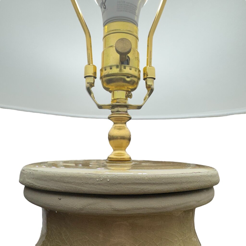 Pair of Glazed Terra-cotta Pottery Lidded Jar Lamps w/ Shades 30" tall