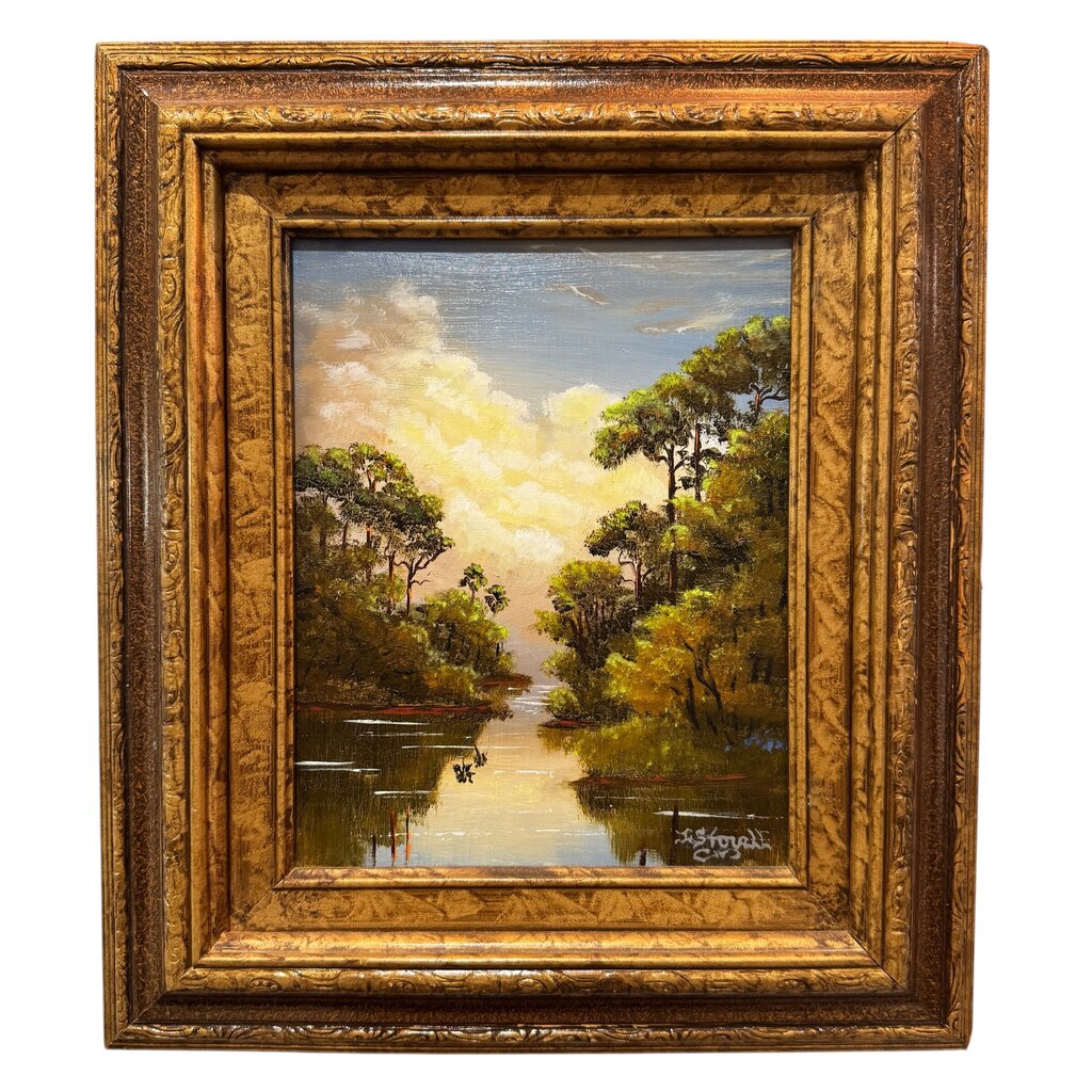Florida Artist Jimmy Stovall (1951) Highwaymen Style Nature River Scene Oil Painting on Masonite 14Wx16H