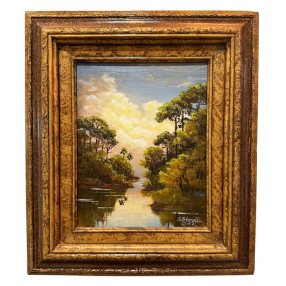 Florida Artist Jimmy Stovall (1951) Highwaymen Style Nature River Scene Oil Painting on Masonite 14Wx16H