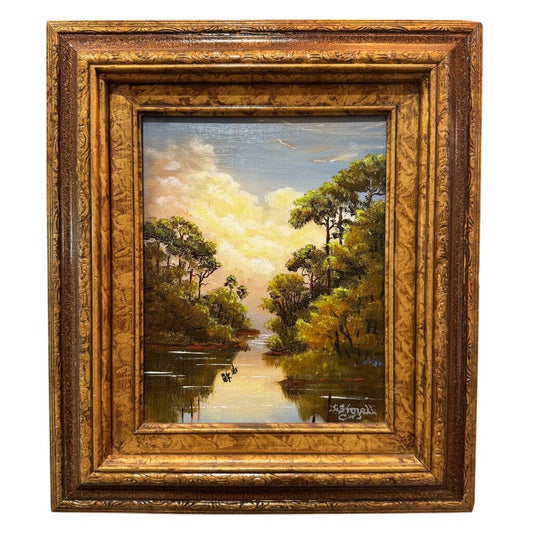 Florida Artist Jimmy Stovall (1951) Highwaymen Style Nature River Scene Oil Painting on Masonite 14Wx16H