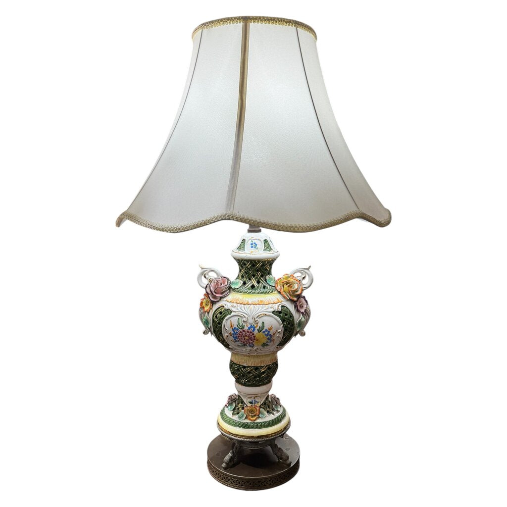 Vintage Floral Capodimonte Porcelain Table Lamp w/ Dolphin Metal Base 31" tall w/ New Designer Linen Shade