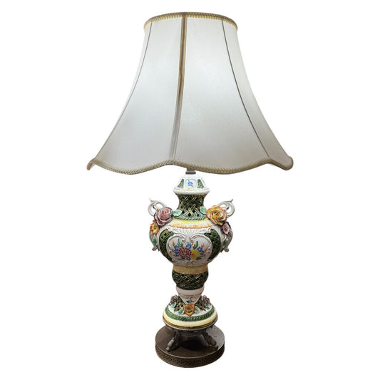 Vintage Floral Capodimonte Porcelain Table Lamp w/ Dolphin Metal Base 31" tall w/ New Designer Linen Shade