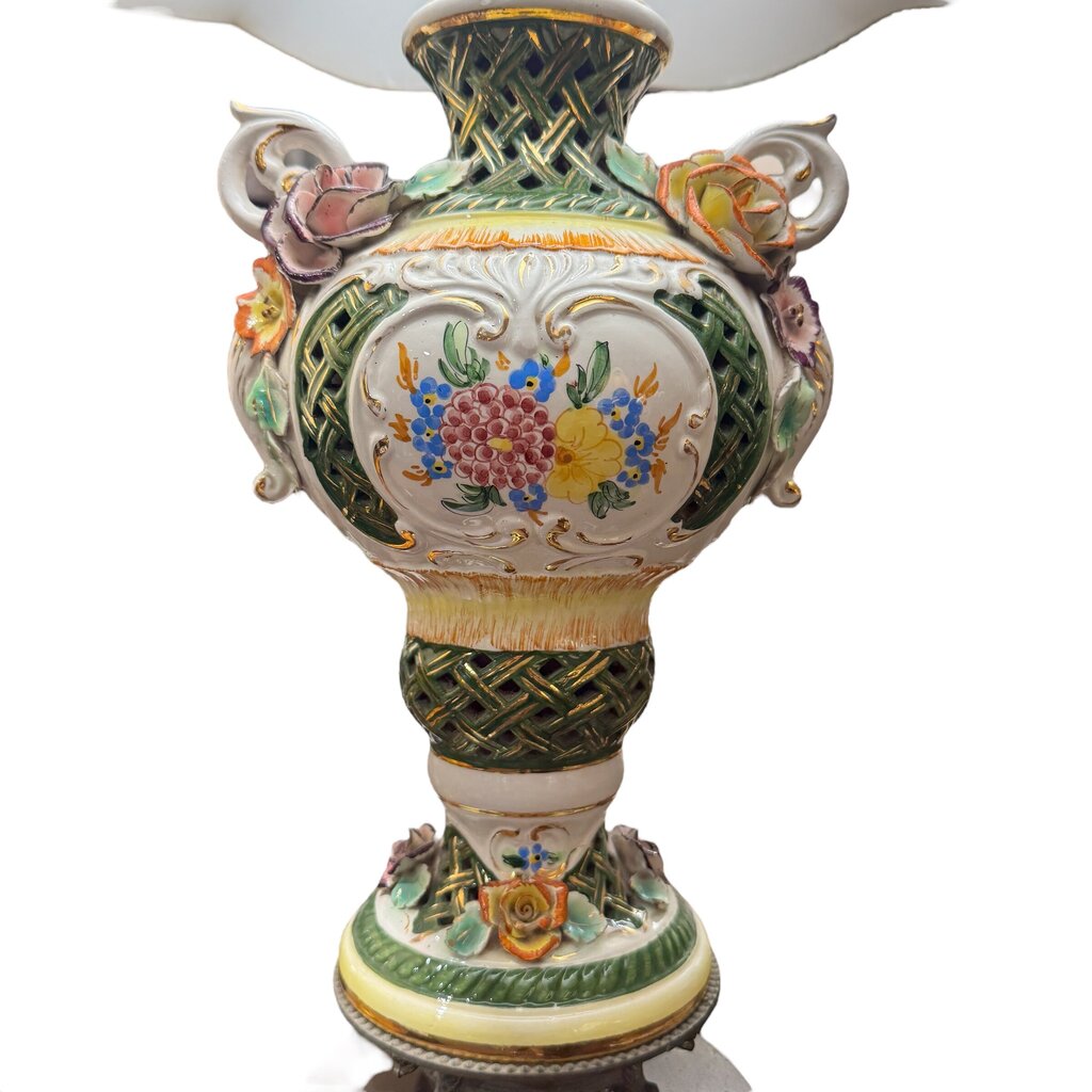 Vintage Floral Capodimonte Porcelain Table Lamp w/ Dolphin Metal Base 31" tall w/ New Designer Linen Shade