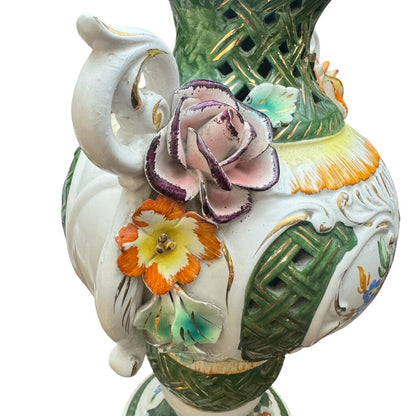 Vintage Floral Capodimonte Porcelain Table Lamp w/ Dolphin Metal Base 31" tall w/ New Designer Linen Shade