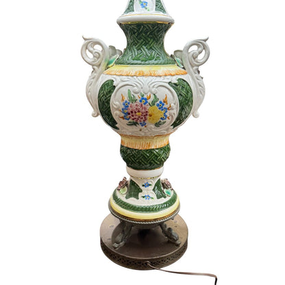 Vintage Floral Capodimonte Porcelain Table Lamp w/ Dolphin Metal Base 31" tall w/ New Designer Linen Shade