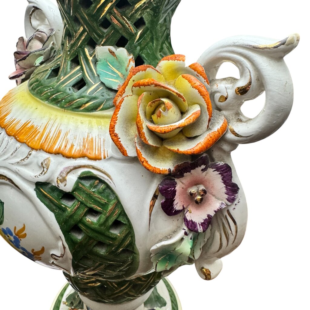 Vintage Floral Capodimonte Porcelain Table Lamp w/ Dolphin Metal Base 31" tall w/ New Designer Linen Shade