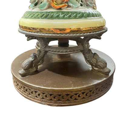 Vintage Floral Capodimonte Porcelain Table Lamp w/ Dolphin Metal Base 31" tall w/ New Designer Linen Shade
