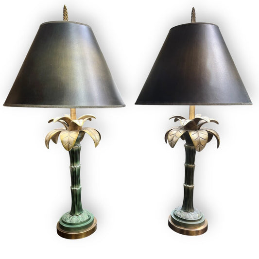 Pair of Gold & Green Palm Tree Table Lamps w/ Black/Gold Shades 33" tall