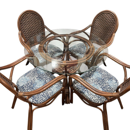 Rattan Dining Table w/ 42" Glass & 4 Upholstered Chairs in Dwell Navy (White Avail & Fabric of Your Choice)