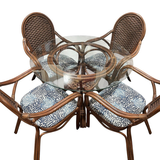 Rattan Dining Table w/ 42" Glass & 4 Upholstered Chairs in Dwell Navy (White Avail & Fabric of Your Choice)