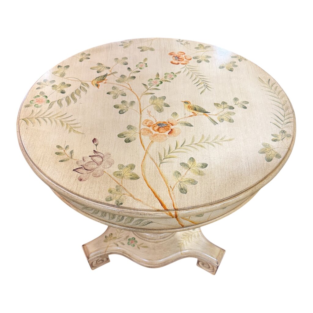 Hand-Painted Wood Accent Pedestal Table w/ Floral Pattern 30Lx30H