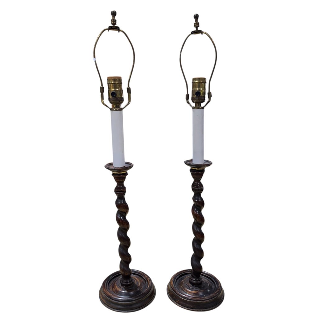 Pair of Antique Dark Oak English Barley Twist Candle Stick Holders CONVERTED to Table Lamps 26" tall