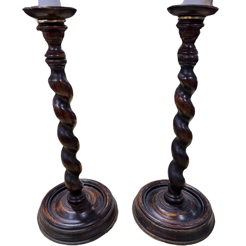 Pair of Antique Dark Oak English Barley Twist Candle Stick Holders CONVERTED to Table Lamps 26" tall