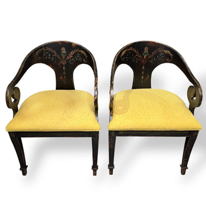 Pair of Habersham Neoclassical Hand-crafted/painted Black Lacquered Chairs Upholstered in Yellow Leopard Patterned Fabric