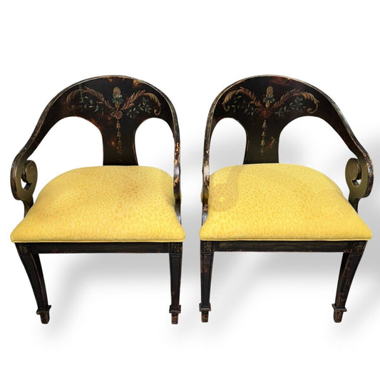 Pair of Habersham Neoclassical Hand-crafted/painted Black Lacquered Chairs Upholstered in Yellow Leopard Patterned Fabric
