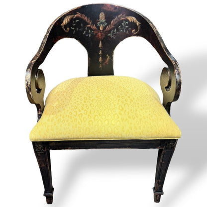 Pair of Habersham Neoclassical Hand-crafted/painted Black Lacquered Chairs Upholstered in Yellow Leopard Patterned Fabric
