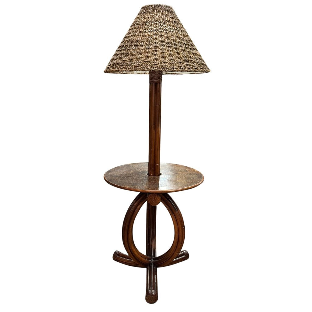 Rattan Floor Lamp w/ Parquet Bamboo Table & Seagrass Shade 63"Hx24"W