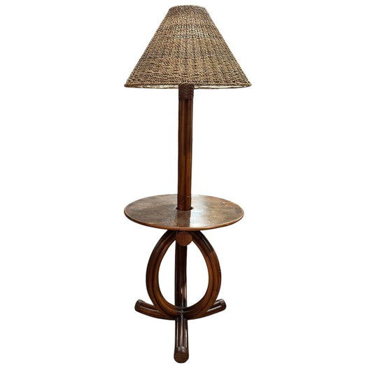 Rattan Floor Lamp w/ Parquet Bamboo Table & Seagrass Shade 63"Hx24"W